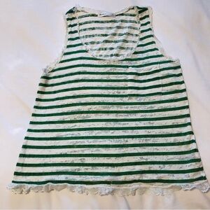 💜3/&30 Femme Large Green/White Stripe Burnout Tank Lace Trim